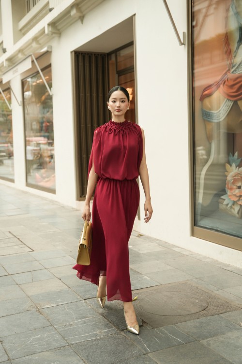 Sixdo Dark Red Chiffon Flared Dress